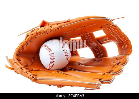 Passe-temps américain, équipement sportif et concept sportif américain avec un nouveau gant de baseball générique et tenant une balle isolée sur fond blanc wi Banque D'Images