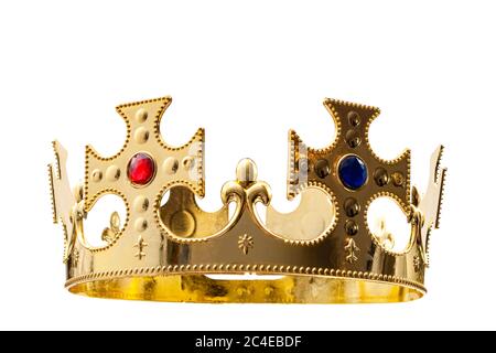 Thème de concept or royal, tenue de régal et royauté avec couronne dorée du roi isolée sur fond blanc avec un chemin de clip découpé Banque D'Images