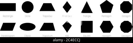 Formes géométriques avec étiquettes. Jeu de 14 formes de base. Illustration simple à vecteur plat. Illustration de Vecteur