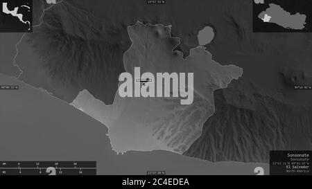 Sonsonate, département d'El Salvador. Carte à échelle de gris avec lacs et rivières. Forme présentée dans sa zone de pays avec des superpositions informatives. 3D ren Banque D'Images