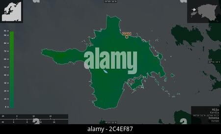 Hiiu, comté d'Estonie. Données de shader de couleur avec lacs et rivières. Forme présentée dans sa zone de pays avec des superpositions informatives. Rendu 3D Banque D'Images