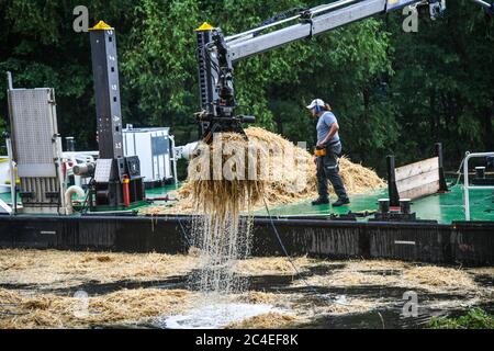 Potsdam, Allemagne. 26 juin 2020. Dans la capitale de l'État Potsdam (Brandebourg) le 26.06.2020 une bombe anglaise de 250 kg est détonée. Le nettoyage est en plein mouvement. Les pompiers et THW tentent maintenant de recueillir la paille qui a été distribuée. Credit: Julian Stähle/dpa-Zentralbild/dpa/Alay Live News Banque D'Images