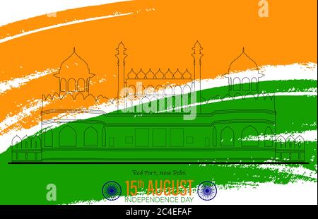 Illustration du célèbre monument indien safran et de la couleur verte fond de pinceau pour la célébration de l'anniversaire de l'indépendance heureuse 15 août vecteur résumé con Illustration de Vecteur