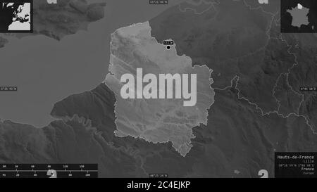 Hauts-de-France, région de France. Carte à échelle de gris avec lacs et rivières. Forme présentée dans sa zone de pays avec des superpositions informatives. Rendu 3D Banque D'Images