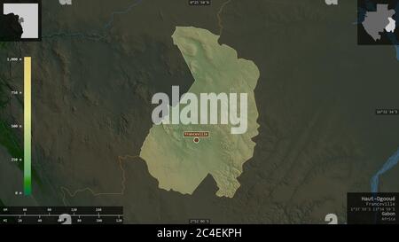 Haut-Ogooué, province du Gabon. Données de shader de couleur avec lacs et rivières. Forme présentée dans sa zone de pays avec des superpositions informatives. 3D rend Banque D'Images