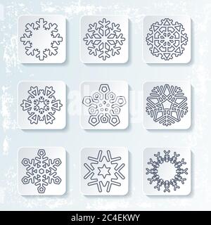 Ensemble de 9 icônes hivernales de flocons de neige. Conception à lignes fines. Arrière-plan rime. Illustration vectorielle. Illustration de Vecteur