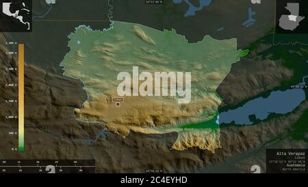 Alta Verapaz, département du Guatemala. Données de shader de couleur avec lacs et rivières. Forme présentée dans sa zone de pays avec des superpositions informatives. Banque D'Images