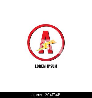 Modèle de logo Letter A isolé sur fond blanc. Concept alphabet et tonnerre avec logo Ellipse Frame. Rouge, or ou jaune et orange Illustration de Vecteur