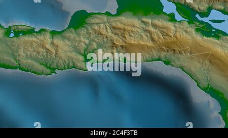 Sud-est, département d'Haïti. Données de shader de couleur avec lacs et rivières. Forme entourée par rapport à sa zone de pays. Rendu 3D Banque D'Images