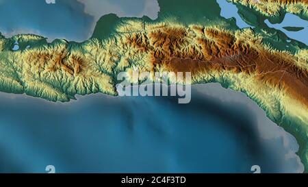 Sud-est, département d'Haïti. Relief coloré avec lacs et rivières. Forme entourée par rapport à sa zone de pays. Rendu 3D Banque D'Images