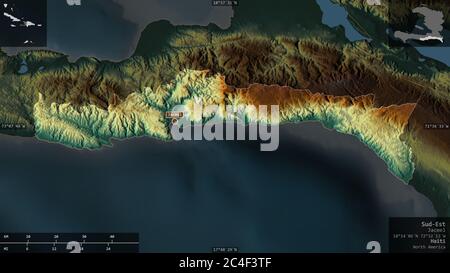 Sud-est, département d'Haïti. Relief coloré avec lacs et rivières. Forme présentée dans sa zone de pays avec des superpositions informatives. Rendu 3D Banque D'Images