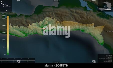 Sud-est, département d'Haïti. Données de shader de couleur avec lacs et rivières. Forme présentée dans sa zone de pays avec des superpositions informatives. Rendu 3D Banque D'Images