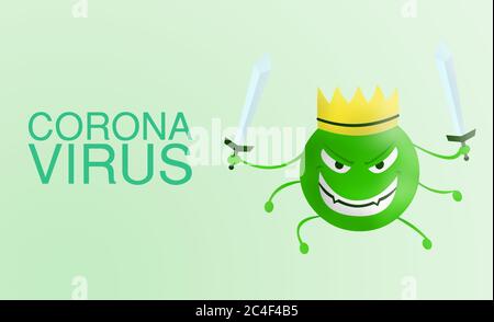 Virus Corona - mot virus Corona dessin animé vert avec épée isolé avec fond de couleur. Covid-19. Illustration du virus. Mauvais visage de la maladie et épidem Banque D'Images