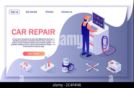 Page d'accueil pour l'atelier de réparation de voitures et le service de diagnostic. Illustration 3d vectorielle Isométrique avec maître travailler sur ordinateur pour l'inspection automatique avec ITE Banque D'Images