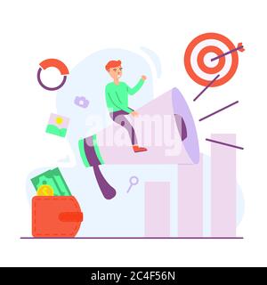 personnes assis sur le mégaphone - vecteur de marketing numérique dans le style plat - illustration pour la page d'arrivée Illustration de Vecteur