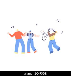 Danse de musique, joueur saxophone afro-américain. Homme femme admirez la foule des fans de jazz en mouvement, musicien qui se présente sur scène. Par. De Jazz de dessin animé Banque D'Images