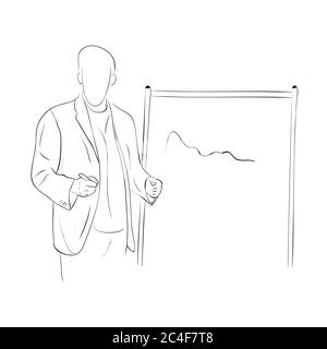 Homme vêque de vêtements de travail, tenant un pointeur et faisant une présentation près du tableau blanc. Dessin animé à la main. Concept de rapport. Illustration vectorielle. Illustration de Vecteur