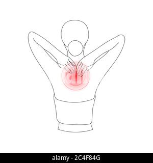 Croquis d'une jeune femme souffrant de douleurs dans le haut du dos, la touchant avec les mains. Illustration vectorielle. Illustration de Vecteur