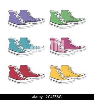 Ensemble de sneakers taille basse de couleur violet, vert, bleu, rose, rouge et jaune. Vecteur. Illustration de Vecteur