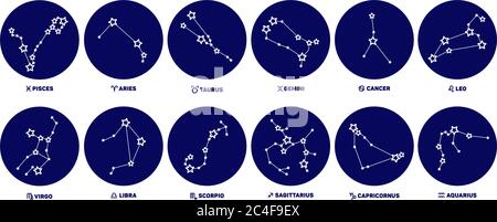 Ensemble de panneaux ronds de zodiaque, étoiles, constellations de couleur bleue sur fond blanc. Illustration de Vecteur