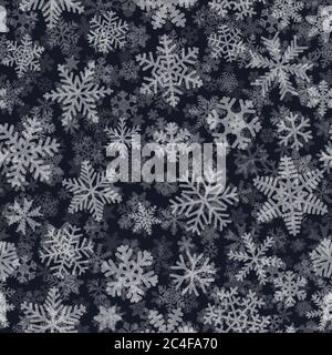 Motif de Noël sans couture de nombreuses couches de flocons de neige de formes, tailles et transparence différentes. Blanc sur fond gris foncé Illustration de Vecteur