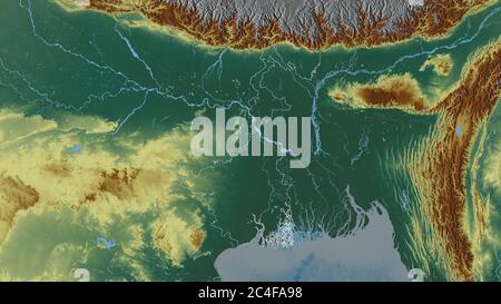 Bengale-Occidental, État de l'Inde. Relief coloré avec lacs et rivières. Forme entourée par rapport à sa zone de pays. Rendu 3D Banque D'Images