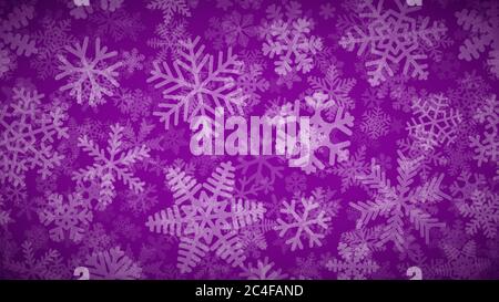 Fond de Noël de nombreuses couches de flocons de neige de formes, tailles et transparence différentes. Blanc sur violet. Illustration de Vecteur