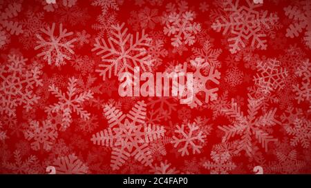 Fond de Noël de nombreuses couches de flocons de neige de formes, tailles et transparence différentes. Blanc sur rouge. Illustration de Vecteur
