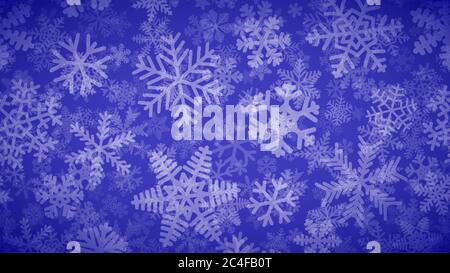 Fond de Noël de nombreuses couches de flocons de neige de formes, tailles et transparence différentes. Blanc sur bleu. Illustration de Vecteur