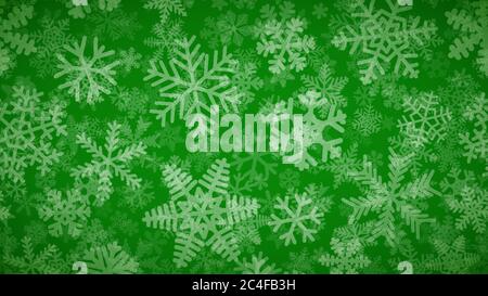 Fond de Noël de nombreuses couches de flocons de neige de formes, tailles et transparence différentes. Blanc sur vert. Illustration de Vecteur
