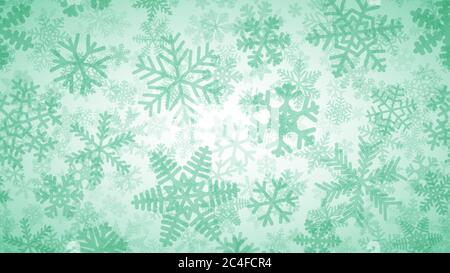 Fond de Noël de nombreuses couches de flocons de neige de formes, tailles et transparence différentes. Turquoise sur blanc Illustration de Vecteur