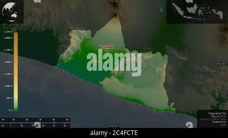 Yogyakarta, région spéciale de l'Indonésie. Données de shader de couleur avec lacs et rivières. Forme présentée dans sa zone de pays avec des superpositions informatives Banque D'Images