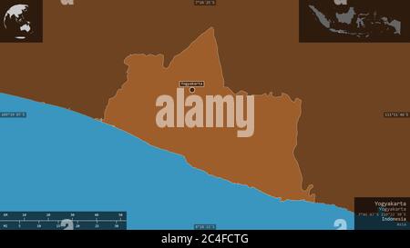 Yogyakarta, région spéciale de l'Indonésie. Solides à motifs avec lacs et rivières. Forme présentée dans sa zone de pays avec des superpositions informatives. 3 Banque D'Images