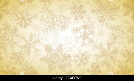 Fond de Noël de nombreuses couches de flocons de neige de formes, tailles et transparence différentes. Jaune sur blanc Illustration de Vecteur