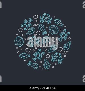 Icônes de la vie de mer dans la composition de cercle, les panneaux de fruits de mer Illustration de Vecteur