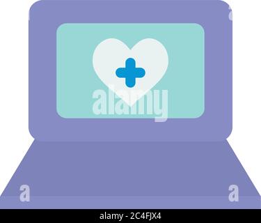 ordinateur portable avec coeur avec croix médicale sur fond blanc, plat, illustration vectorielle Illustration de Vecteur