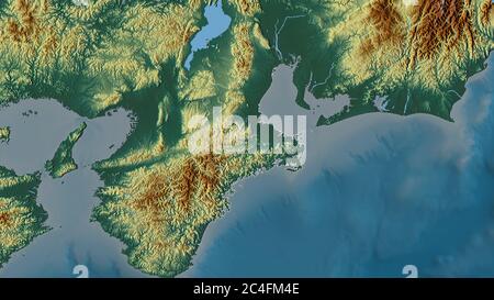 Mie, préfecture du Japon. Relief coloré avec lacs et rivières. Forme entourée par rapport à sa zone de pays. Rendu 3D Banque D'Images