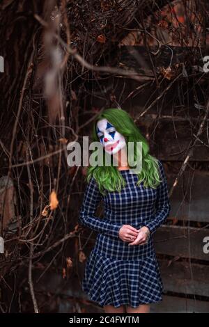 Portrait d'une fille aux cheveux verts en robe à l'enne avec maquillage de joker sur un fond de bois d'ambiance. Banque D'Images