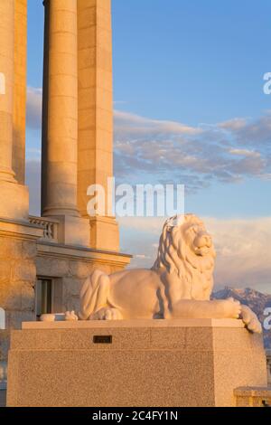 Sculpture sur le lion au Capitole de l'État, Salt Lake City, Utah, États-Unis, Amérique du Nord Banque D'Images