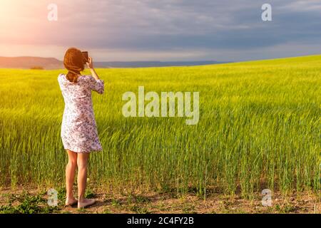 Fille appréciant champ de blé vert dans la campagne. Champ de blé soufflant dans le vent au soleil jour de printemps. Petites et vertes. Épis d'orge Banque D'Images