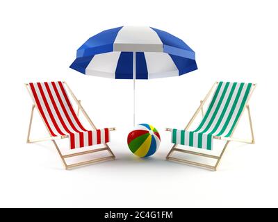 Chaises de plage, parasol et ballon de plage Banque D'Images