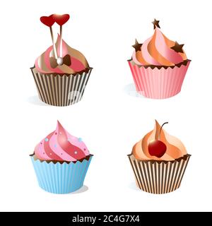 Illustration. Collection de petits gâteaux colorés, isolés sur fond blanc Banque D'Images