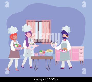 restez à la maison, chefs féminins et masculins différentes recettes de nourriture de dessin animé, cuisine quarantaine activités illustration vectorielle Illustration de Vecteur