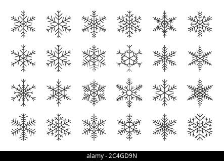 Ensemble de lignes noires flocons de neige. Forme différente contour hiver cristal de glace. Symbole d'ornement de Noël. Modèle décoratif pour la neige pour la carte d'information sur l'événement du nouvel an. Isolé sur une illustration vectorielle blanche Illustration de Vecteur