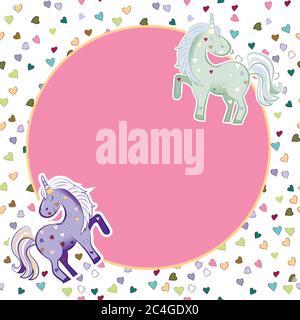Licornes dans des couleurs pastel sur le fond des coeurs. Graphiques vectoriels. Cadre rond rose. Illustration de la Saint-Valentin. Illustration de Vecteur