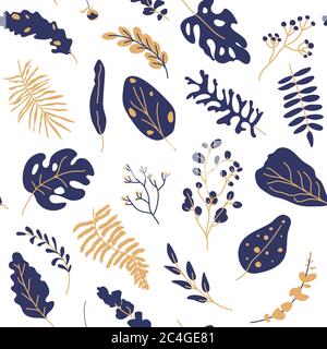 Motif sans couture feuilles tropicales or bleu foncé. Abstrait exotique fleurs plat éléments de dessin animé sans limites arrière-plan avec le signe de botanique. Répéter l'ornement pour l'emballage en papier, le tissu, l'impression. Illustration vectorielle Illustration de Vecteur