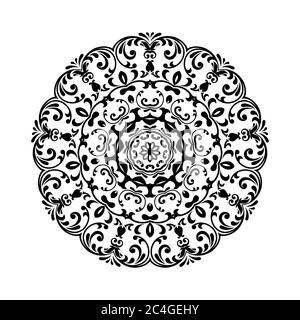 Mandala noir rond sur fond blanc isolé. Ornement décoratif dans le style oriental ethnique. Parfait pour tout design, anniversaire, vacances, kaléidoscop Illustration de Vecteur