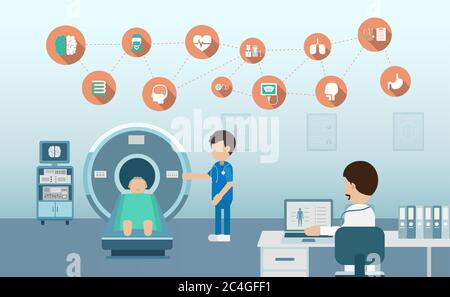 Service médical avec médecin et patient dans l'illustration vectorielle plate du scanner irm Illustration de Vecteur