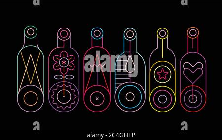 Couleurs néon sur fond noir illustrations vectorielles de bouteilles décoratives. Rangée de six silhouettes de bouteilles de vin différentes. Illustration de Vecteur