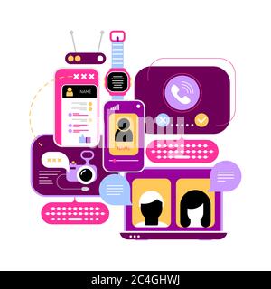 Design coloré isolé sur un fond blanc Illustration vectorielle de chat en ligne. Moniteurs d'ordinateur et écrans de smartphone avec messages de chat, vidéo Illustration de Vecteur